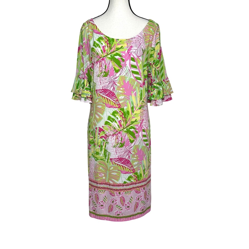 NWT Pappagallo Shift Dress Tropical Tiered Ruffle Sleeves Large Preppy Resort